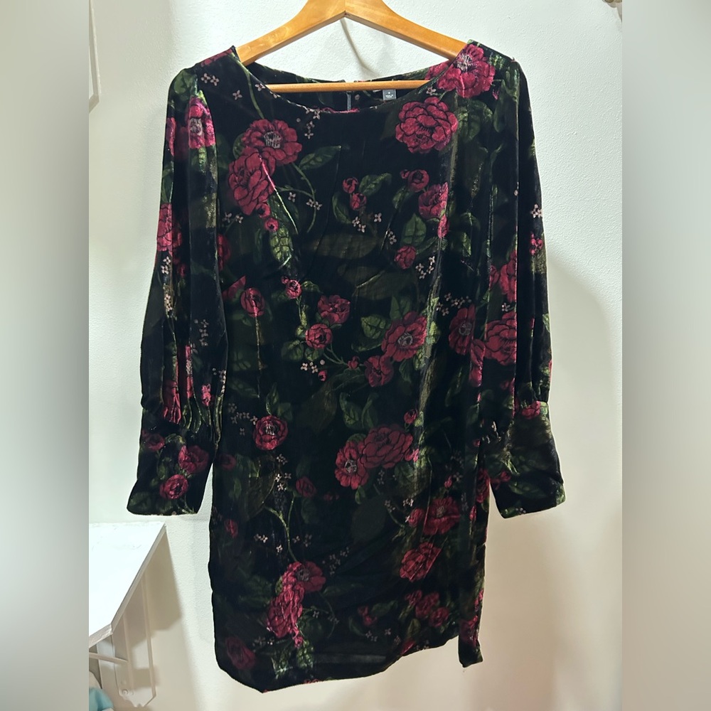 Ann Taylor Black and Red Floral Velvet Dress